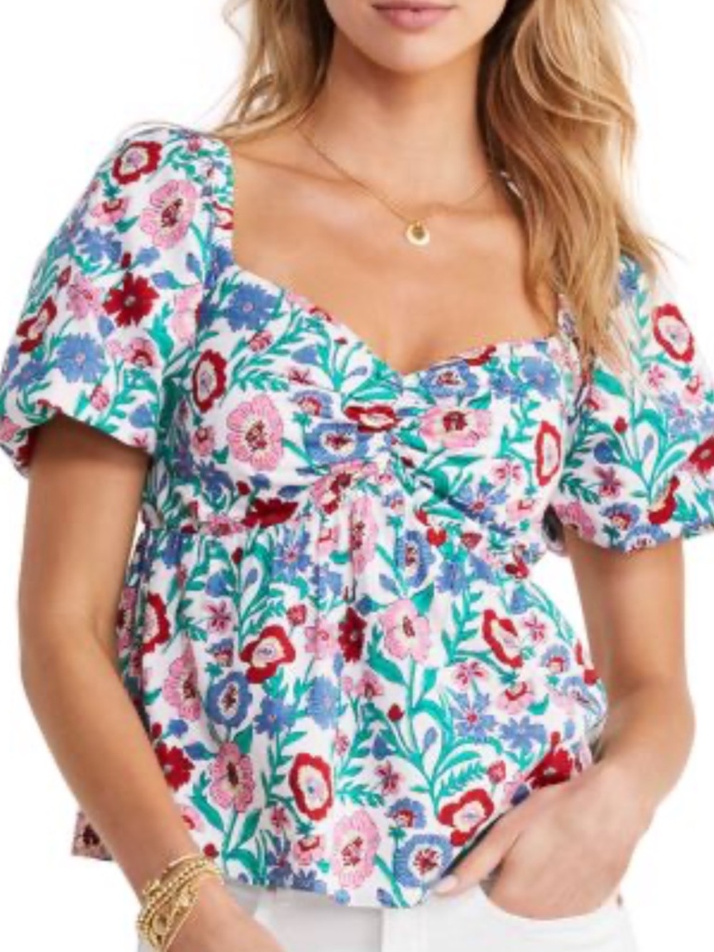 Vineyard Vines Tisbury Floral Puff-Sleeve Square Neck Top Size M